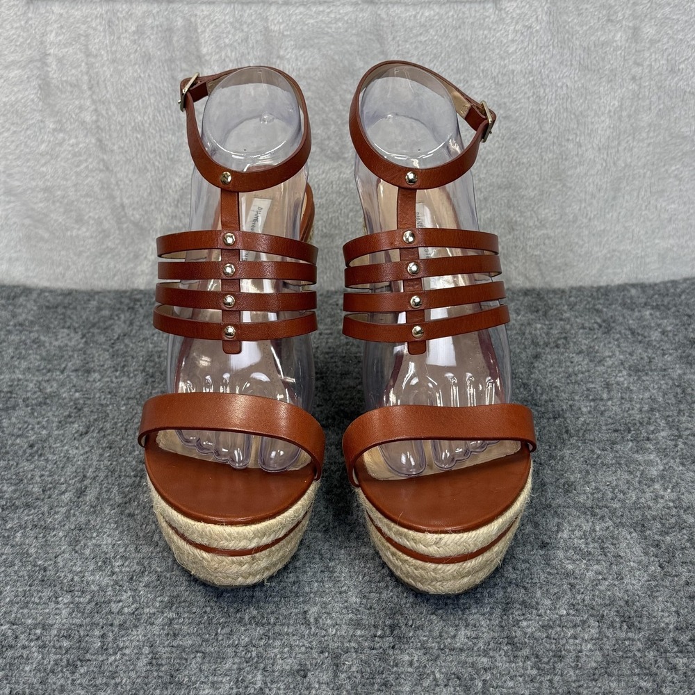 Diane Von Furstenberg Sandals Womens 9.5 Brown GABBY Leather Espadrille Wedge - Picture 3 of 13